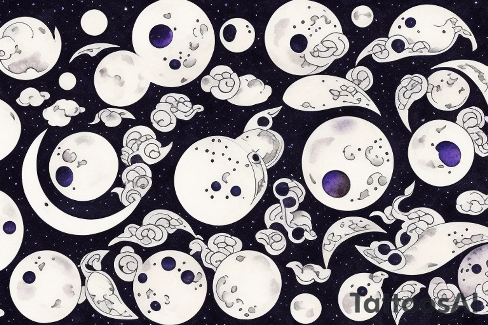 Japanese watercolor all moon phases side by side art piece tattoo idea