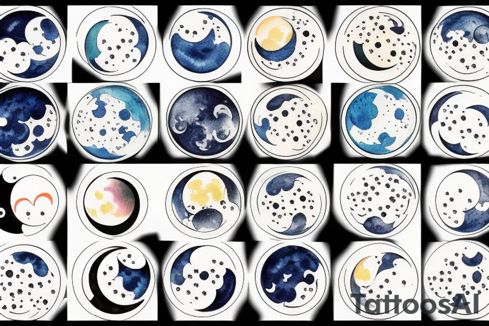 Japanese watercolor all moon phases side by side art piece tattoo idea