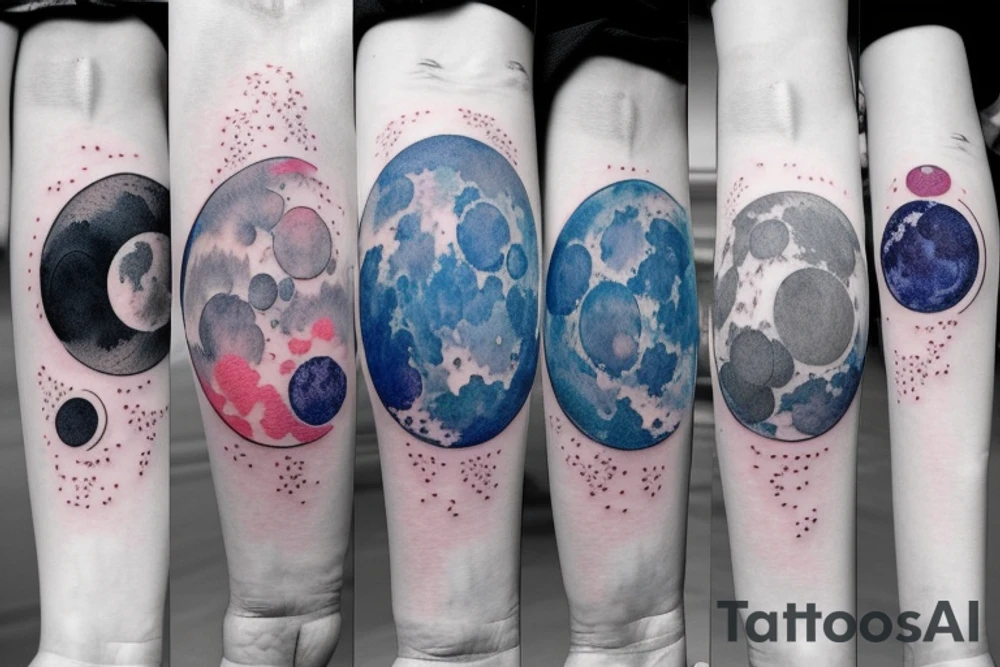Japanese watercolor all moon phases side by side art piece tattoo idea