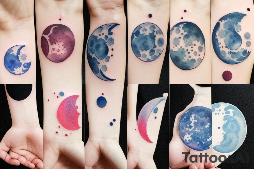 Japanese watercolor all moon phases side by side art piece tattoo idea