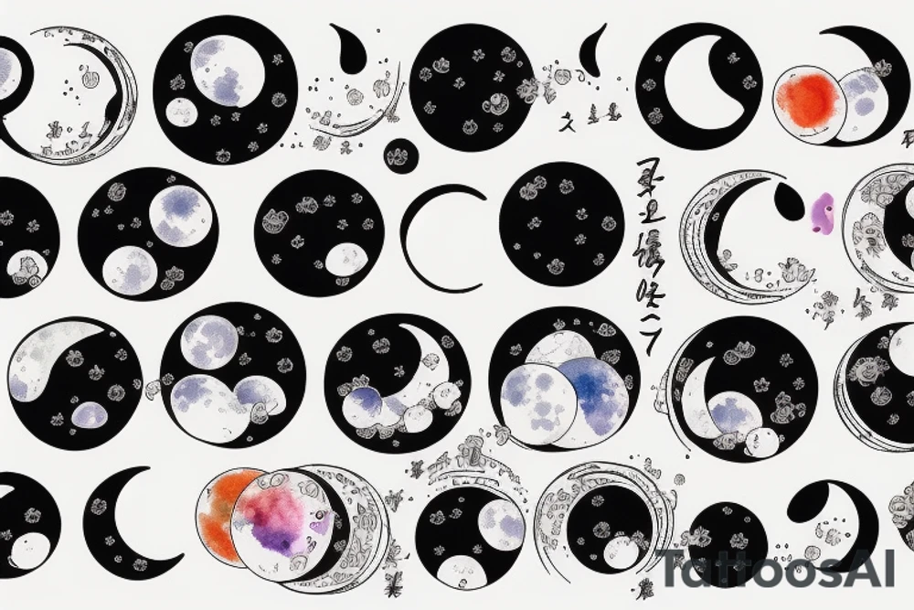 Japanese watercolor all moon phases lined up all phases art piece tattoo idea