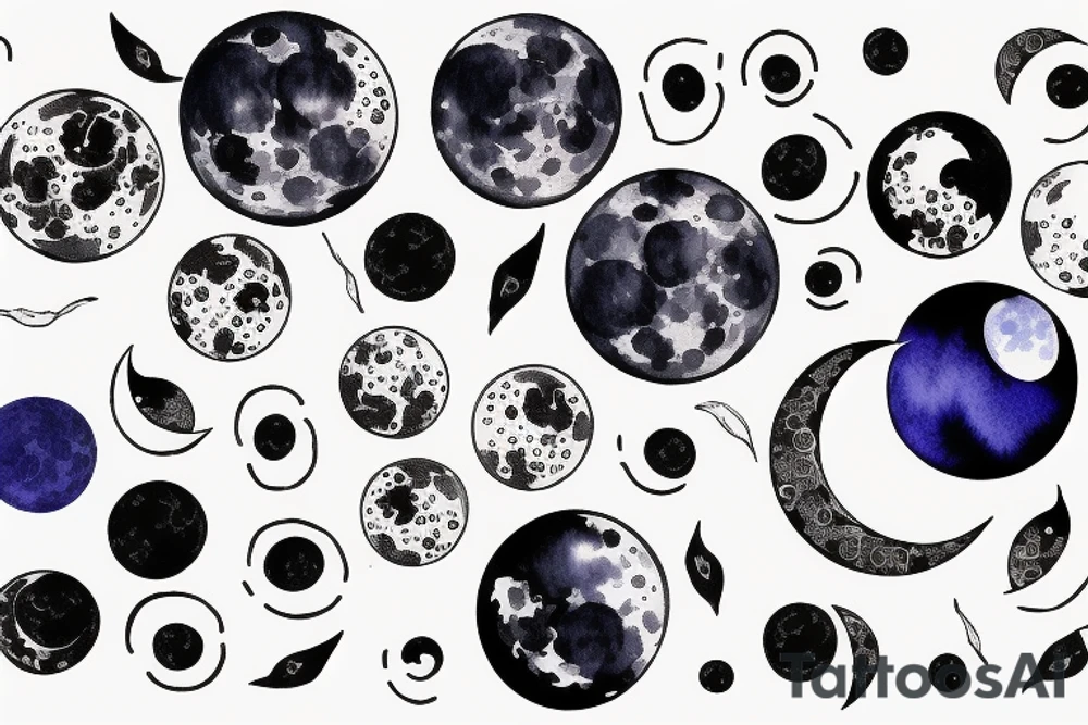 Japanese watercolor all moon phases lined up all phases art piece tattoo idea