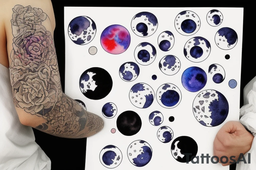 Japanese watercolor all moon phases lined up all phases art piece tattoo idea