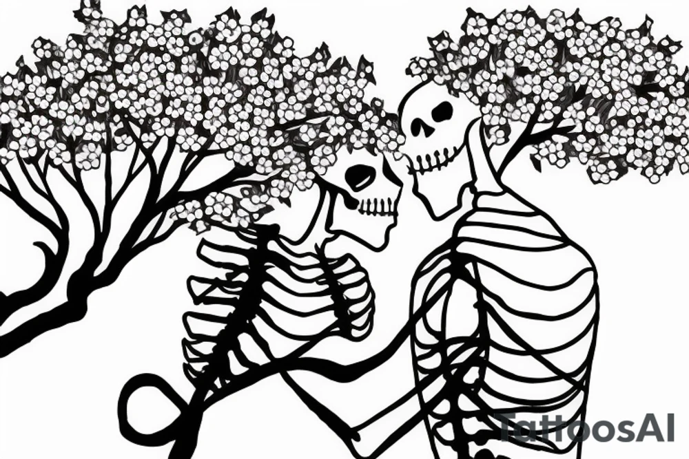 two skeleton lovers kissing under a cherry blossom tree tattoo idea