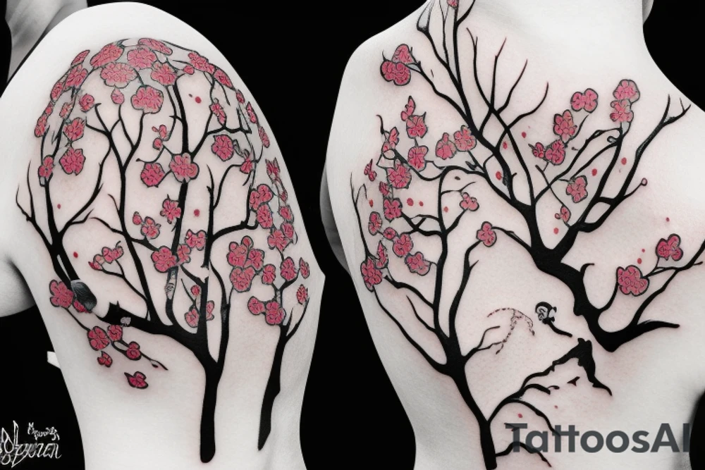 two skeleton lovers kissing under a cherry blossom tree tattoo idea