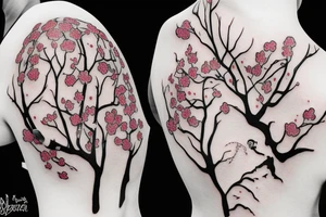 two skeleton lovers kissing under a cherry blossom tree tattoo idea