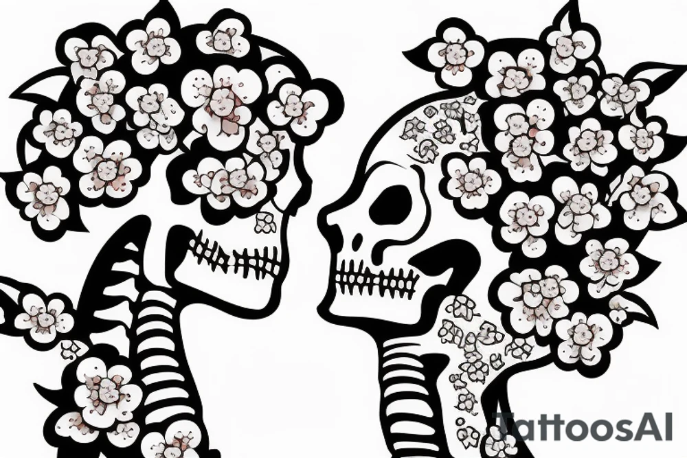 two skeleton lovers kissing under a cherry blossom tree tattoo idea