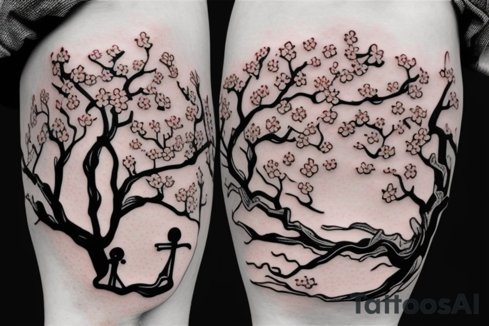 two skeleton lovers kissing under a cherry blossom tree tattoo idea