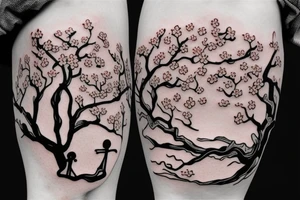 two skeleton lovers kissing under a cherry blossom tree tattoo idea