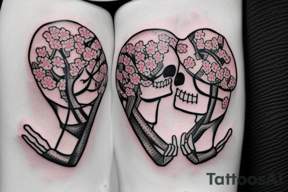 two skeleton lovers kissing under a cherry blossom tree tattoo idea