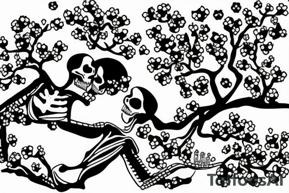 two skeleton lovers kissing under a cherry blossom tree tattoo idea