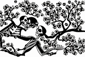 two skeleton lovers kissing under a cherry blossom tree tattoo idea