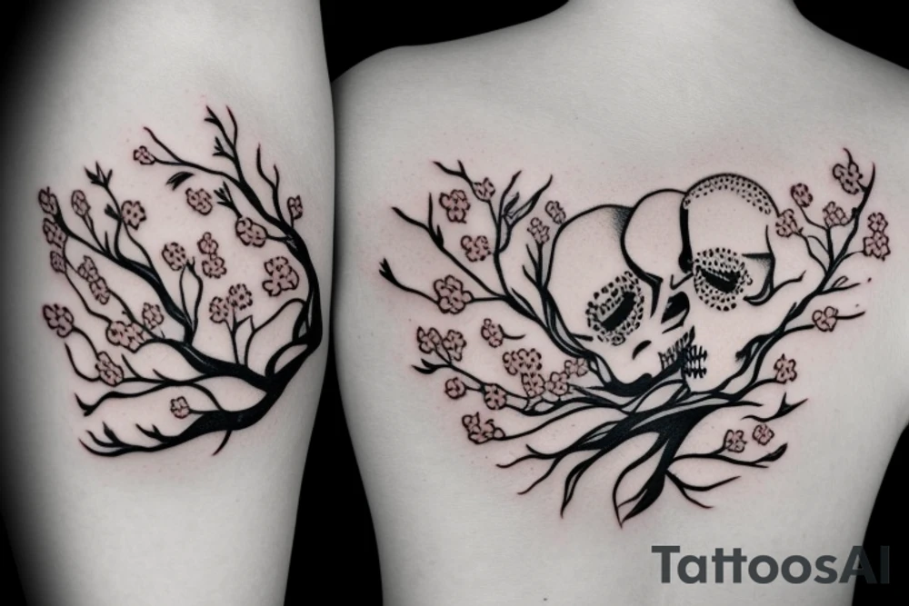 two skeleton lovers kissing under a cherry blossom tree tattoo idea