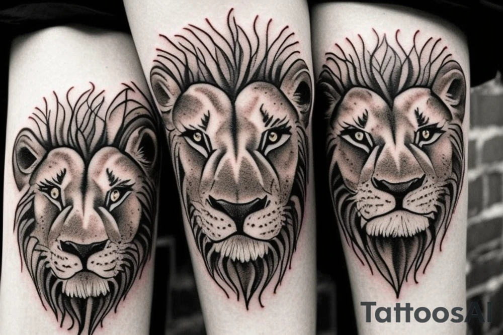 3 lion Cubs heads. Playful, strong and loving. On top of each other. Going on my forearm tattoo idea