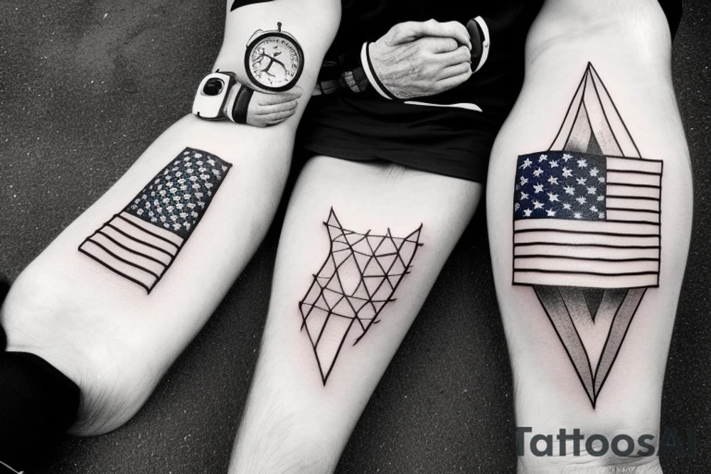 father and son hiking with american flag tattoo idea