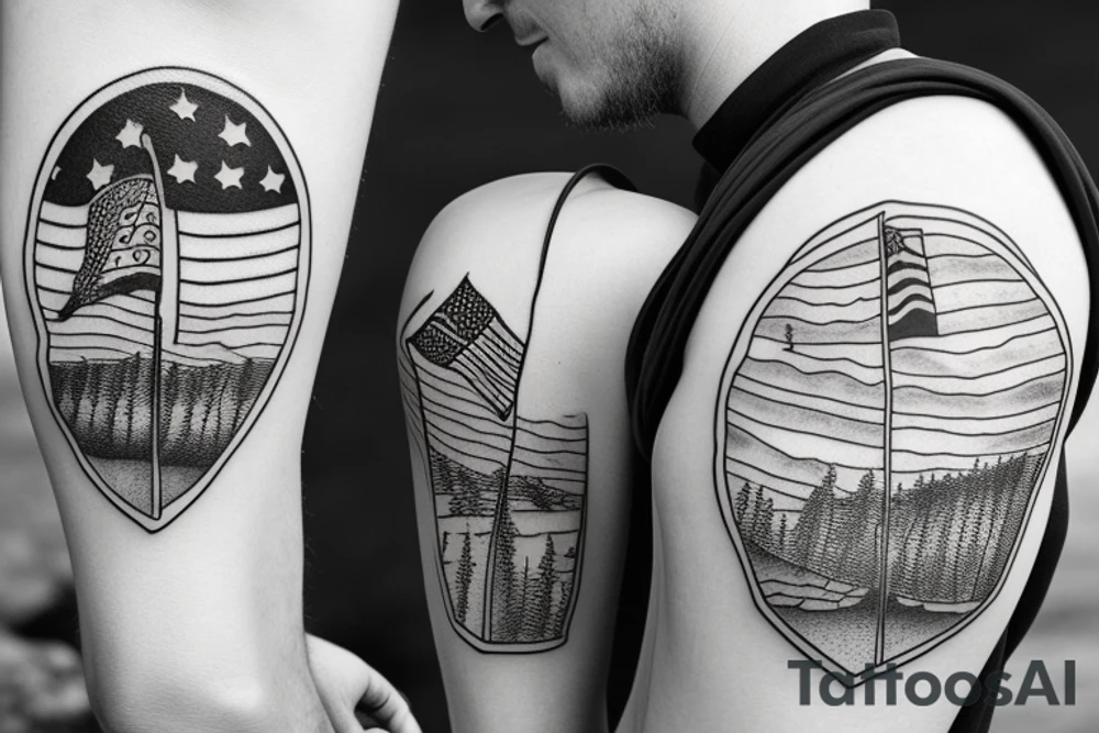 father and son hiking with american flag tattoo idea