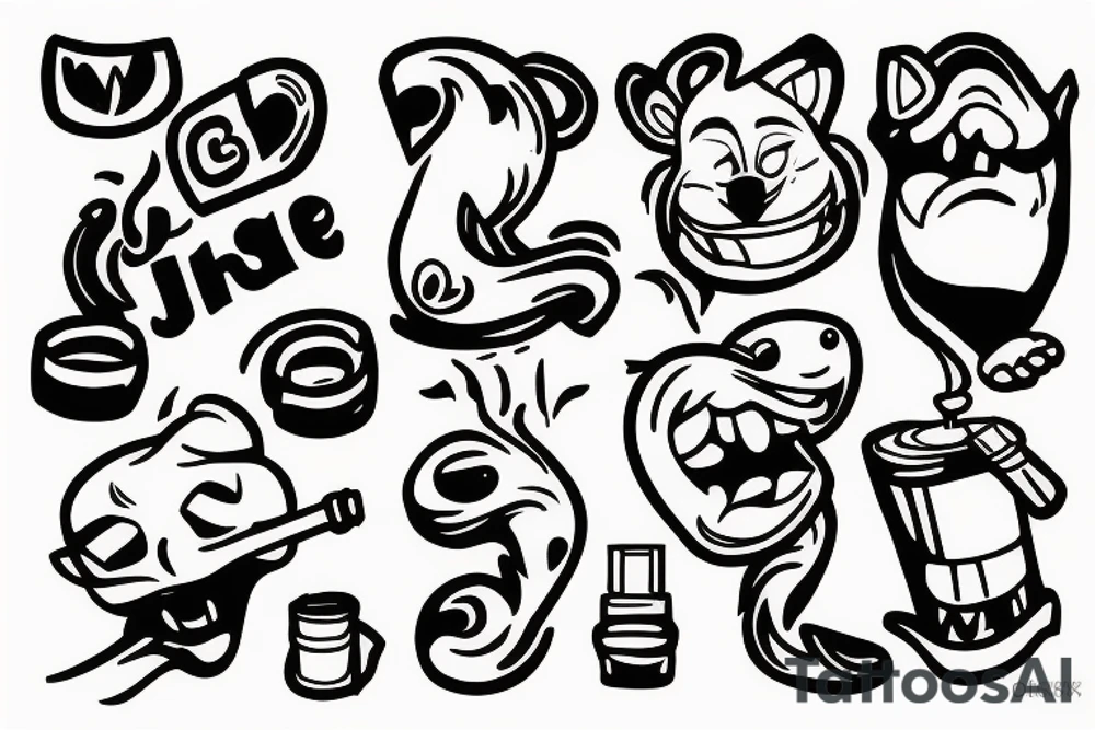 A tattoo featuring a humorous or whimsical depiction of a cartoon character or animal smoking a joint. tattoo idea