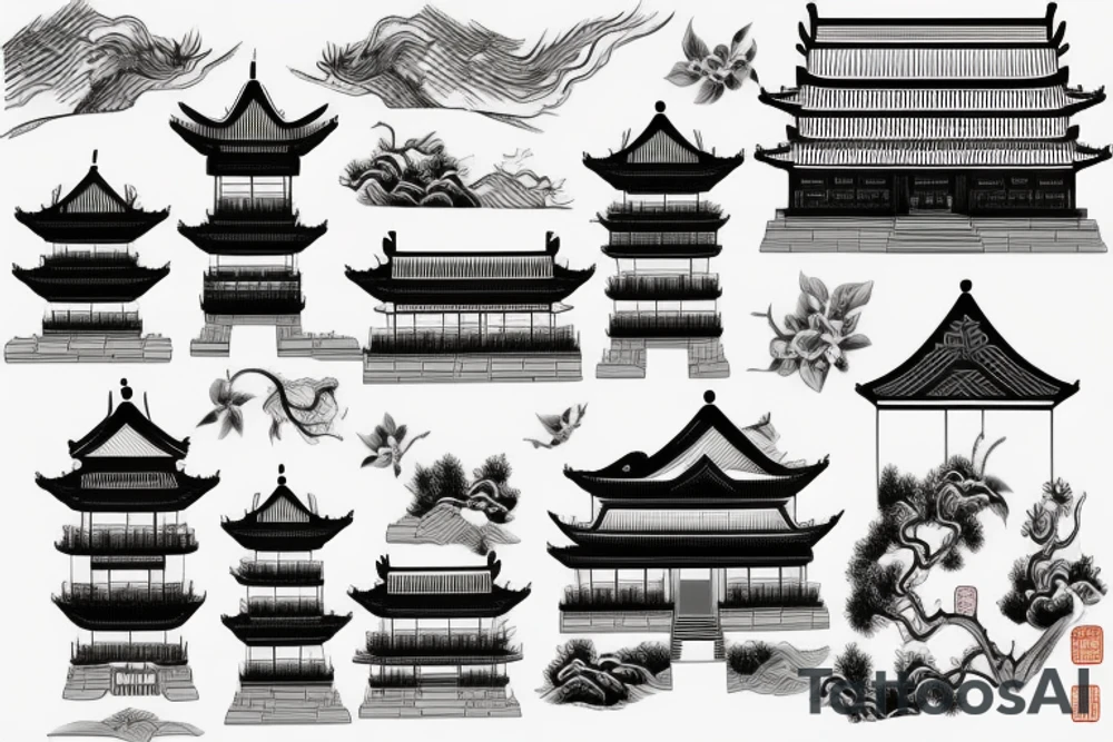 Chinese house drawing tattoo idea