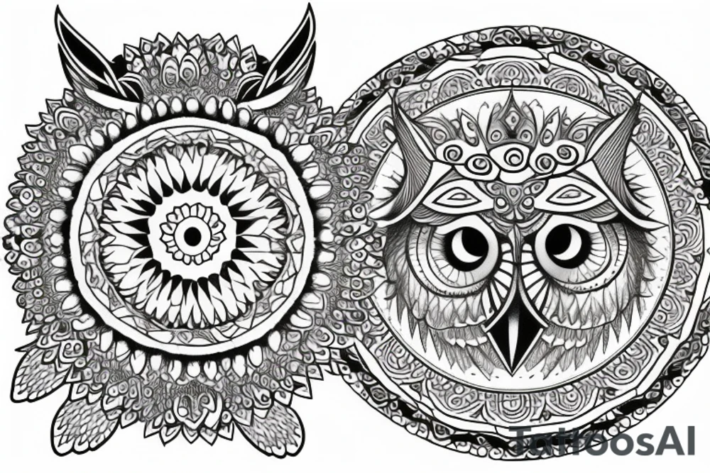 Moon, earth, owl in a mandala tattoo idea