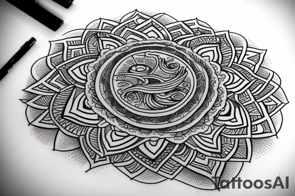 Earth, moon, waves mandala tattoo idea