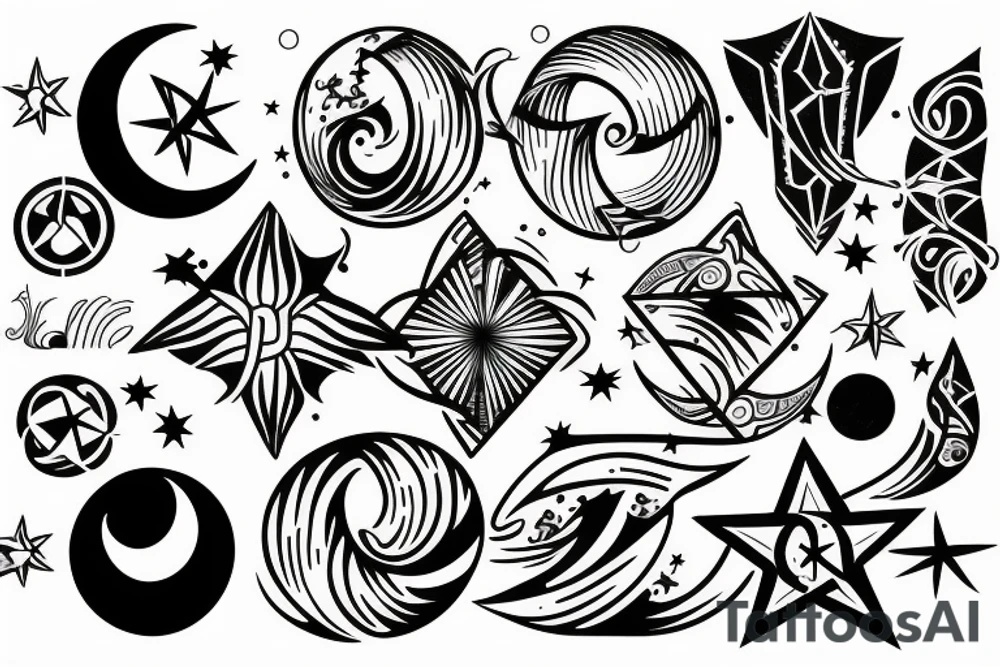 Earth, moon, waves star connection tattoo idea