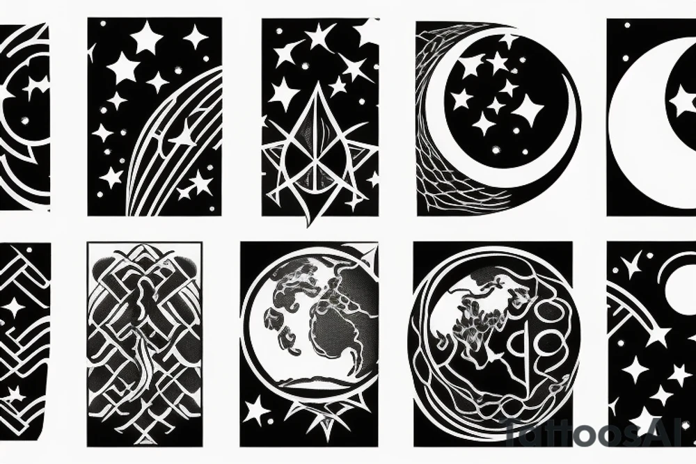 Earth, moon, waves star connection tattoo idea