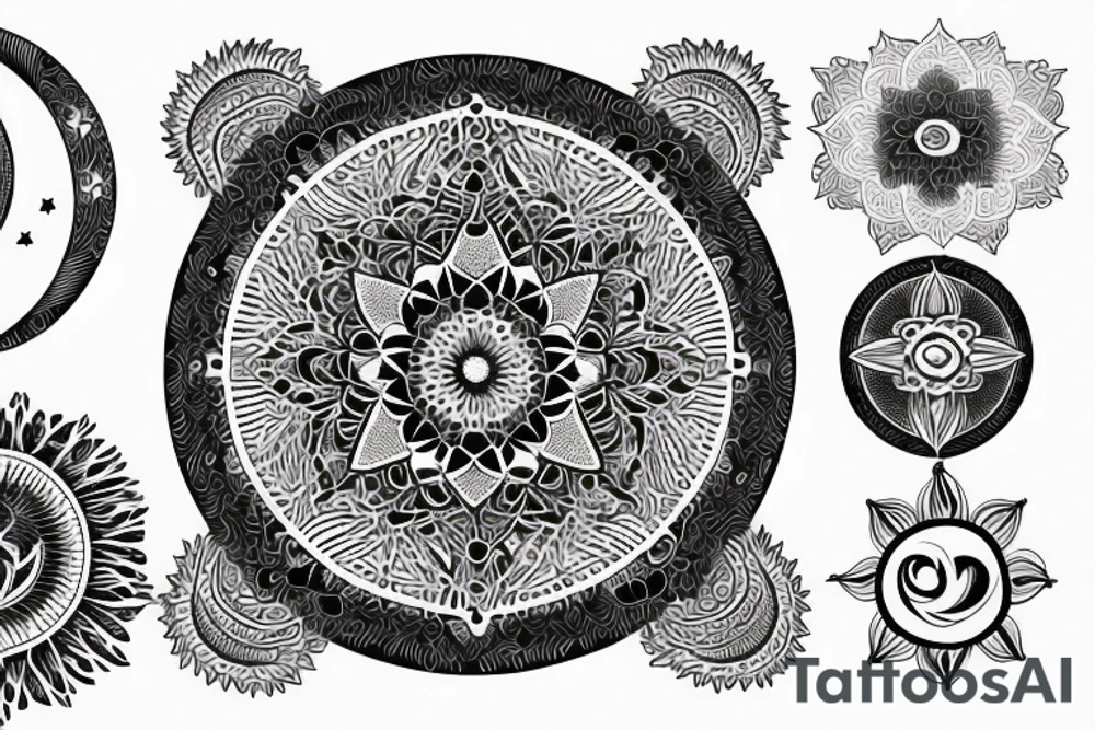 Flower mandala simple earth, moon, waves, star tattoo idea