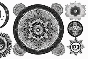 Flower mandala simple earth, moon, waves, star tattoo idea