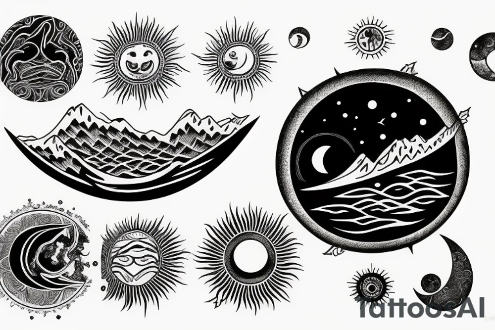 Spiritual moon, sun, waves, earth tattoo idea