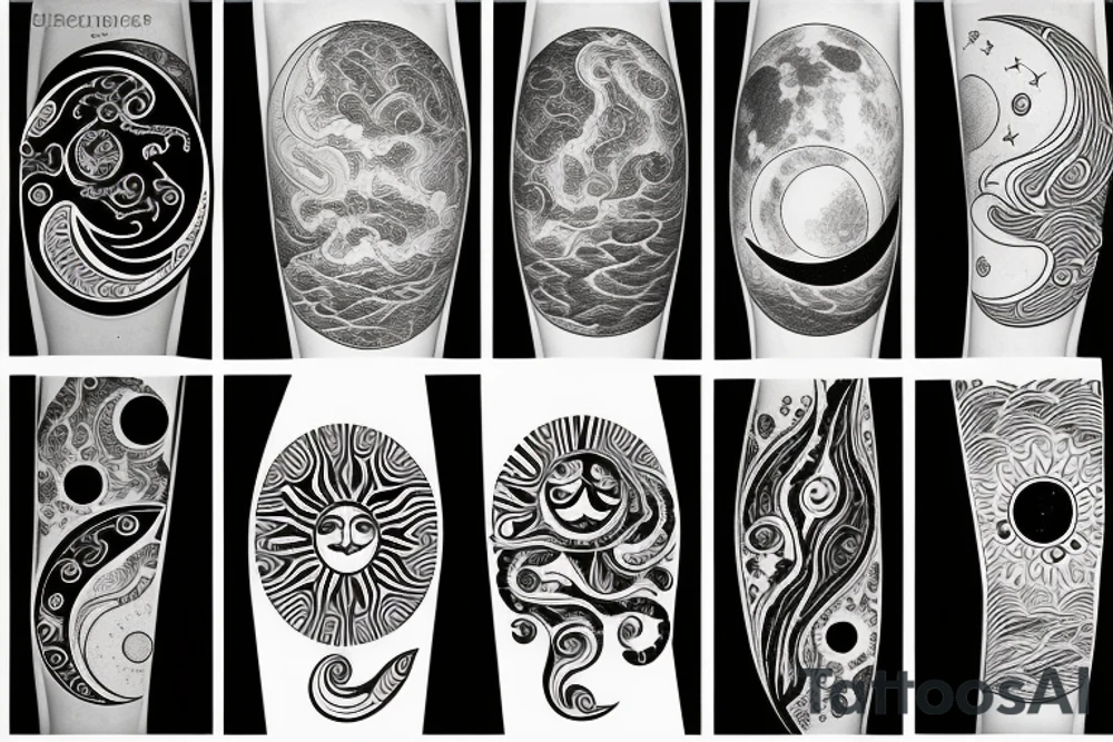 Spiritual moon, sun, waves, earth tattoo idea