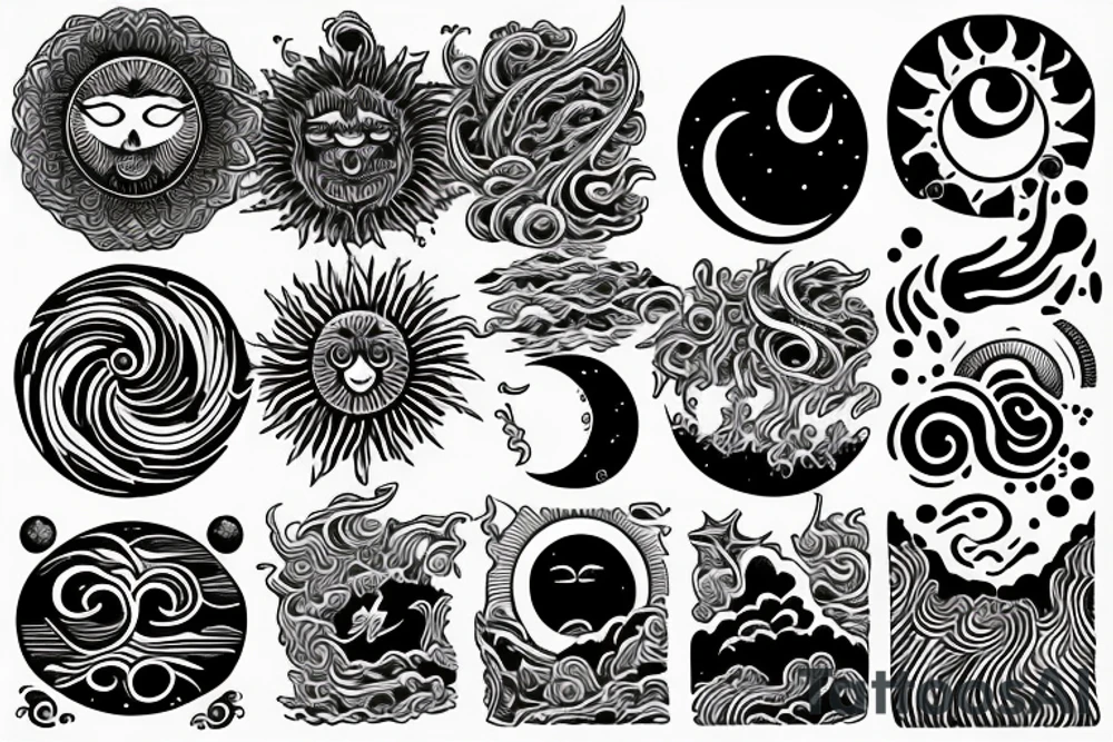 Spiritual moon, sun, waves, earth tattoo idea