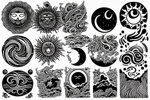 Spiritual moon, sun, waves, earth tattoo idea