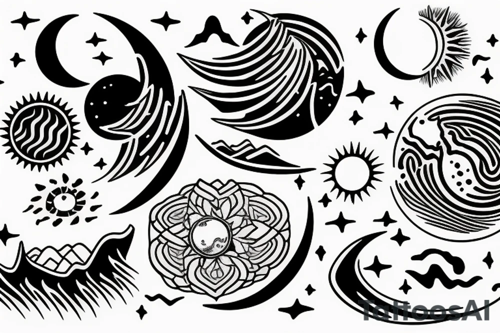 Spiritual moon, sun, waves, earth tattoo idea