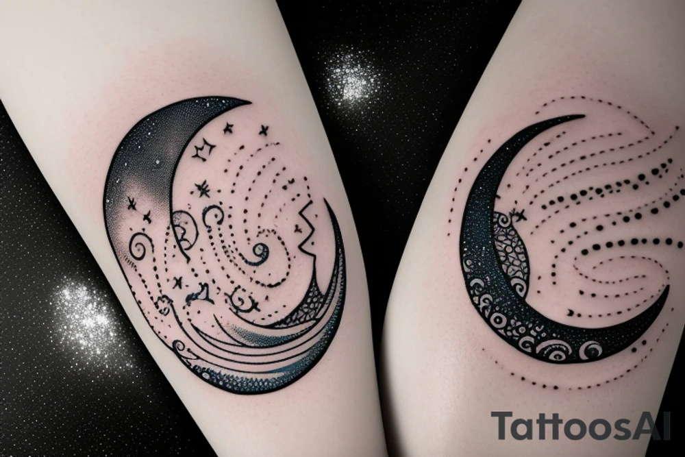 dotwork moon with waves tattoo idea
