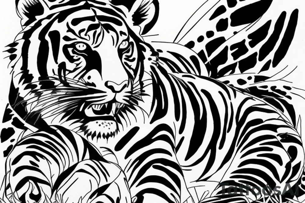 strolling tiger with jungle in background for lower arm cover Japanese style fillings tattoo idea