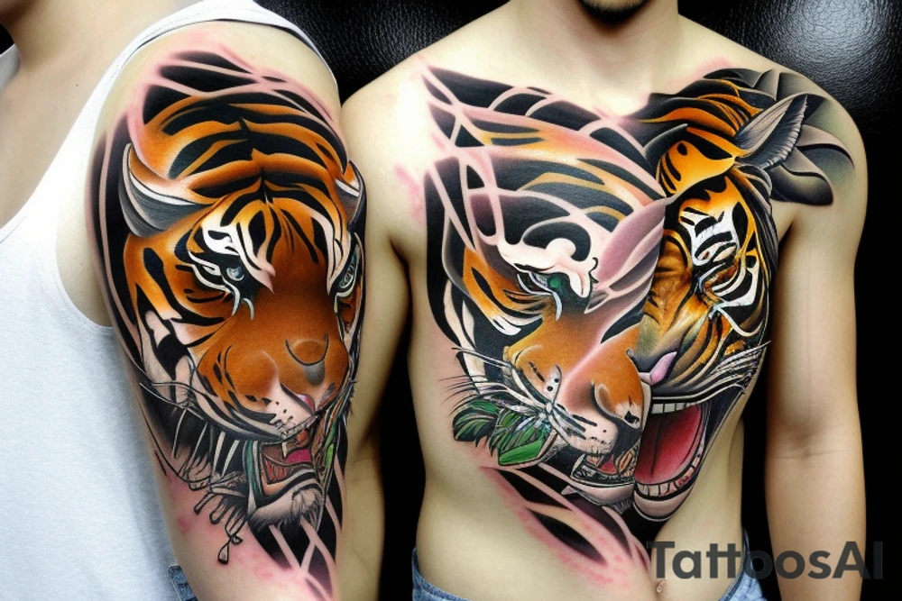strolling tiger with body with jungle in background for lower arm cover Japanese style fillings tattoo idea
