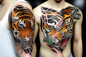 strolling tiger with body with jungle in background for lower arm cover Japanese style fillings tattoo idea