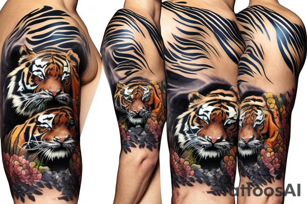 strolling tiger with body with jungle in background for lower arm cover Japanese style fillings tattoo idea