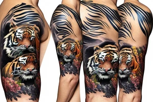 strolling tiger with body with jungle in background for lower arm cover Japanese style fillings tattoo idea