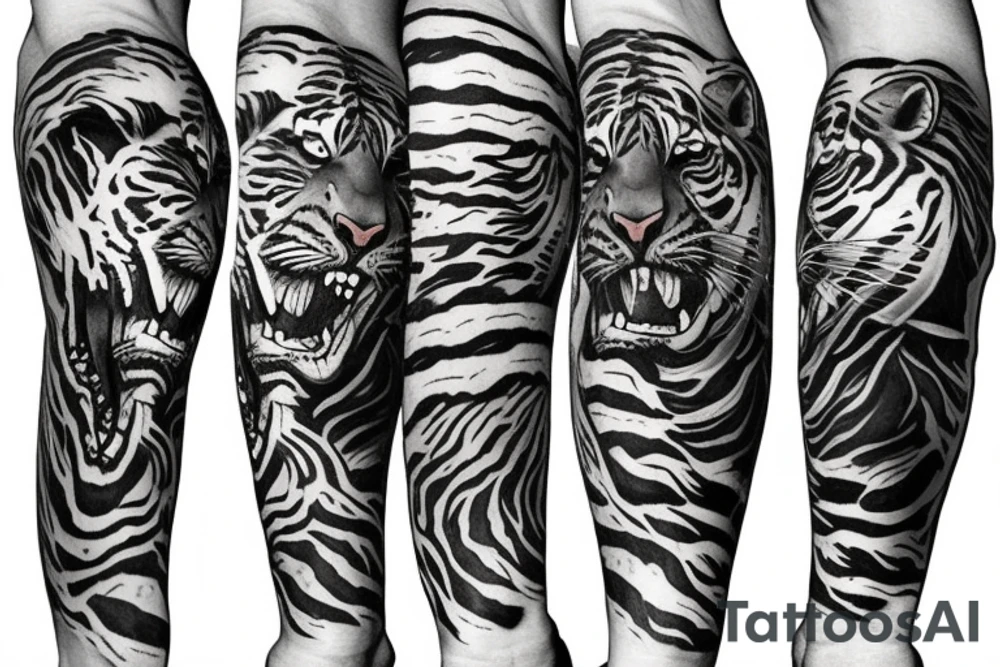 strolling tiger with body with jungle in background for lower arm cover Japanese style fillings tattoo idea