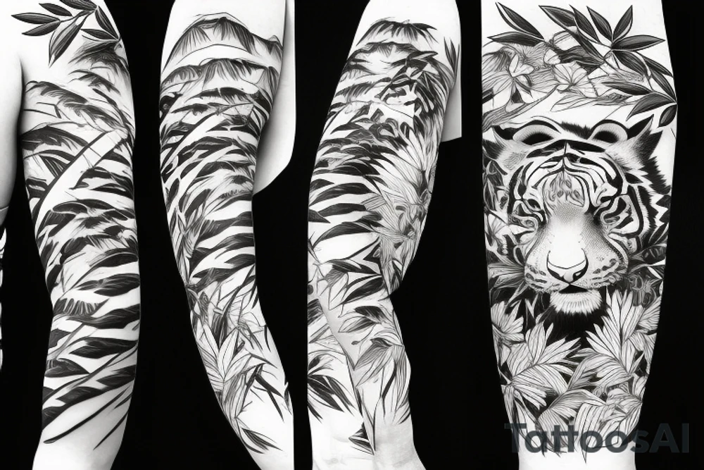 Full body tiger with bamboo jungle in background full cover lower arm  Japanese style fillings tattoo idea