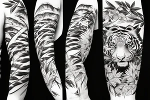 Full body tiger with bamboo jungle in background full cover lower arm  Japanese style fillings tattoo idea