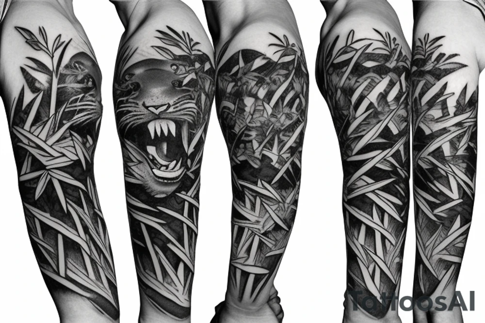 Full body tiger with bamboo jungle in background full cover lower arm  Japanese style fillings tattoo idea