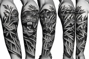 Full body tiger with bamboo jungle in background full cover lower arm  Japanese style fillings tattoo idea