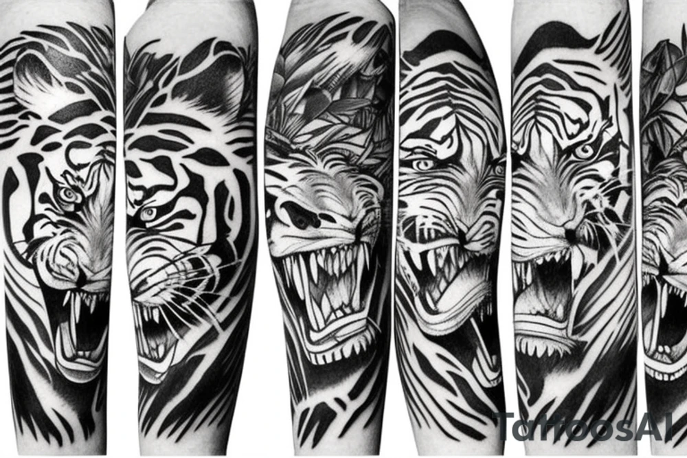 Full body tiger with bamboo jungle in background full cover lower arm  Japanese style fillings tattoo idea