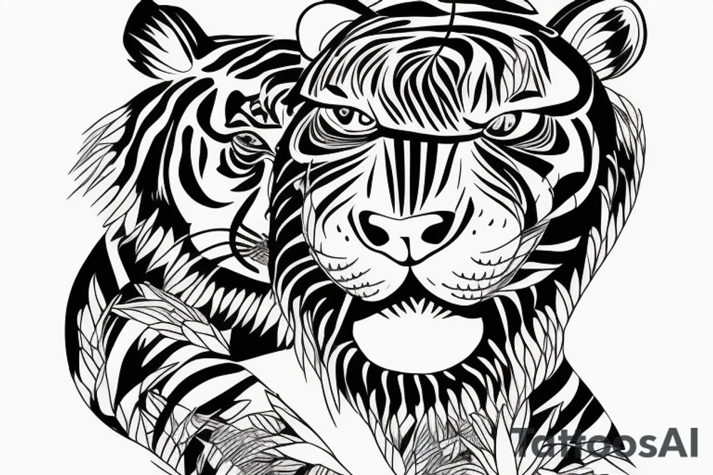 Full body tiger with bamboo jungle in background full cover lower arm  Japanese style fillings tattoo idea