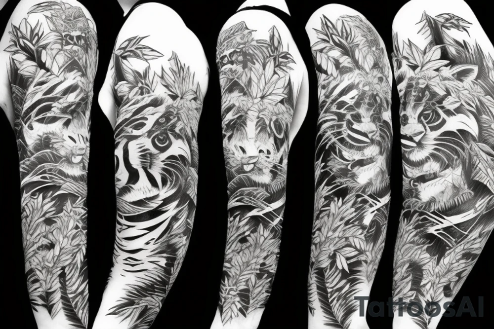 Full body tiger with bamboo jungle in background full cover lower arm  Japanese style fillings tattoo idea