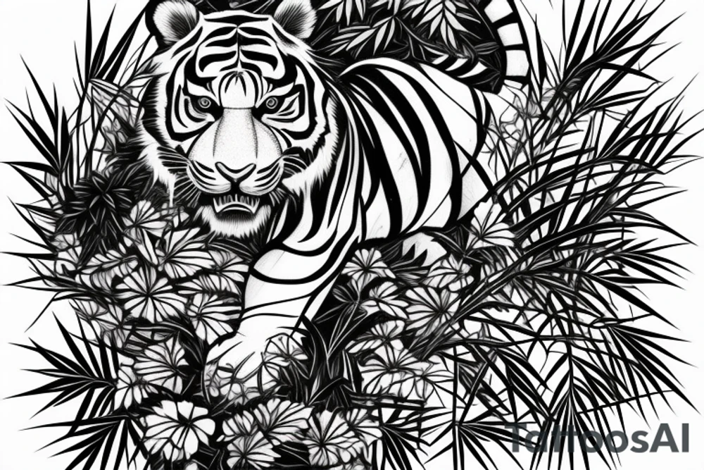 Full body tiger with bamboo jungle in background full cover lower arm  Japanese style fillings tattoo idea