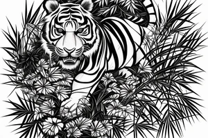 Full body tiger with bamboo jungle in background full cover lower arm  Japanese style fillings tattoo idea