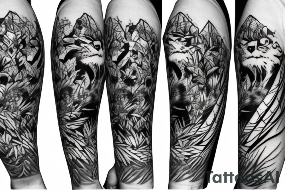 Full body tiger with bamboo jungle in background full cover lower arm  Japanese style fillings tattoo idea